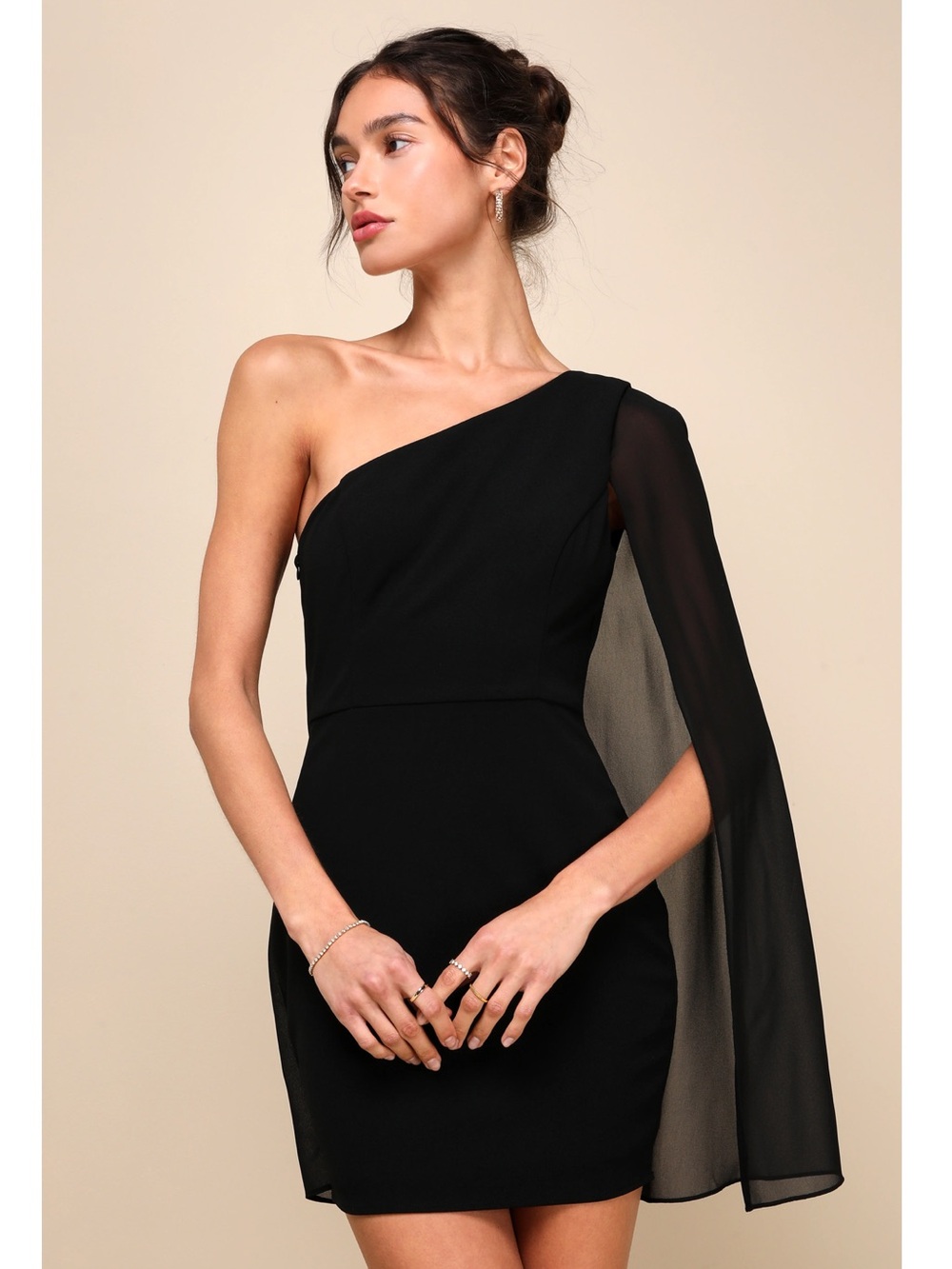 Lulus Majestic Energy Black Cape Sleeve One-Shoulder Mini Dress Event NWT XS